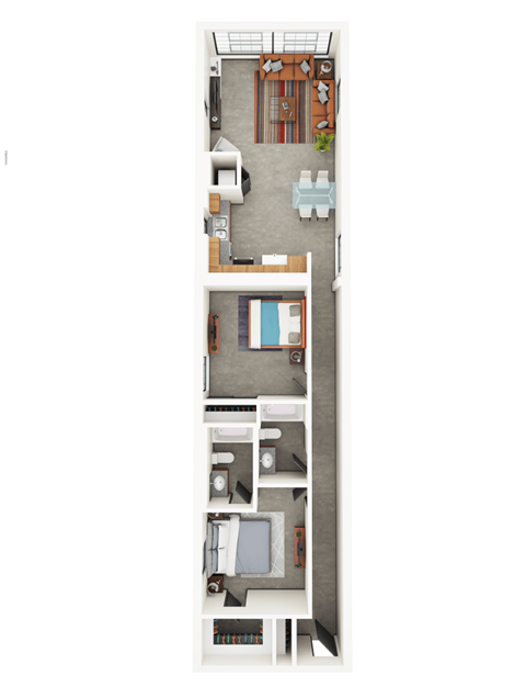 Floor plan for 2 beds, 2 baths, 1052 sqft